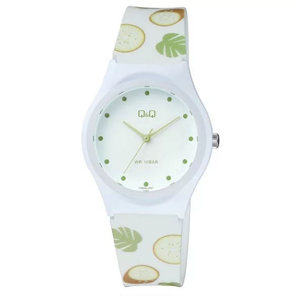 Q&Q női karóra, quartz, fehér színű tok, fehér figurás szíj, fehér számlap, VQ86J061Y