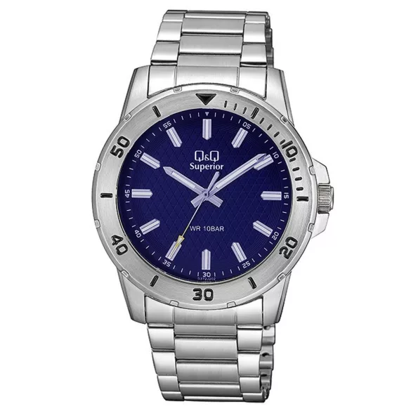 Q&Q férfi karóra, quartz, ezüst színű tok, ezüst színű karcsat, kék számlap, (Superior) S372J202Y