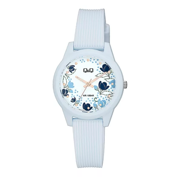 Q&Q női karóra, quartz, kék színű tok, kék színű szíj, fehér/figurás számlap, V01A-013VY