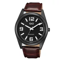   Q&Q férfi szíjas karóra, quartz, szürke (gun) színű fémtok, sötétbarna színű szíj, szürke színű számlap, Q68A-002PY
