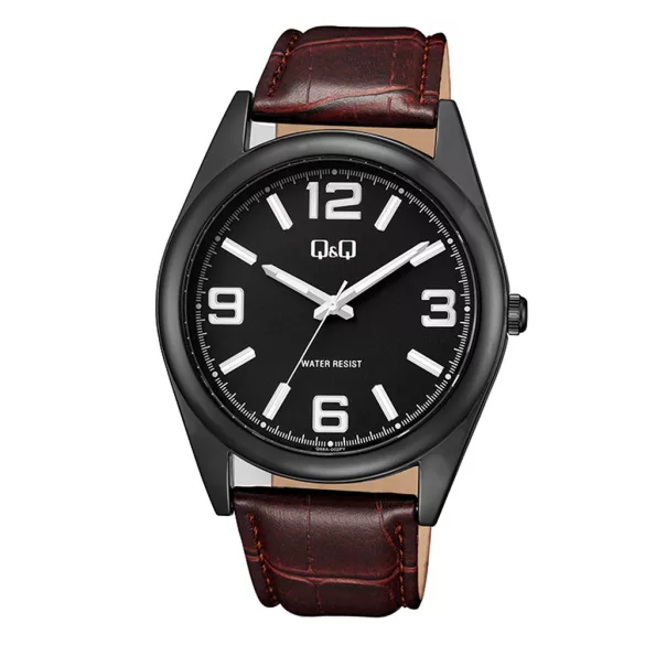 Q&Q férfi szíjas karóra, quartz, szürke (gun) színű fémtok, sötétbarna színű szíj, szürke színű számlap, Q68A-002PY