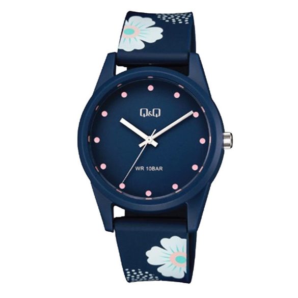 Q&Q női karóra, quartz, sötétkék színű műanyag tok, virágos mintás sötétkék színű műanyag szíj, sötétkék színű számlap, V08A-003VY