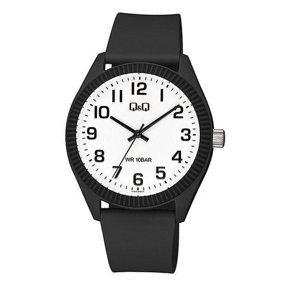 Q&Q férfi karóra, quartz, fekete színű műanyag tok, fekete színű műanyag szíj, fehér színű számlap,V12A-010VY