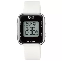  Q&Q női karóra, quartz/LCD, ezüst színű tok, fehér színű műanyag szíj, M207J005Y