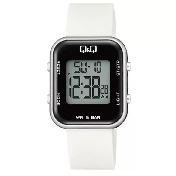 Q&Q női karóra, quartz/LCD, ezüst színű tok, fehér színű műanyag szíj, M207J005Y