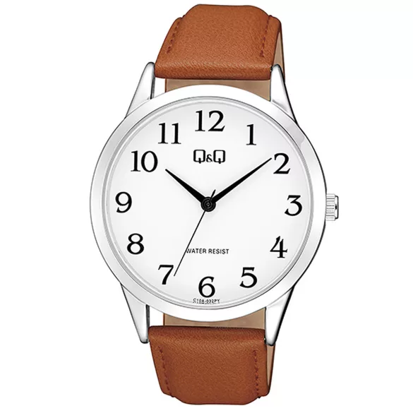 Q&Q férfi karóra, quartz, ezüst színű fémtok, barna színű bőrszíj, fehér színű számlap, C10A-032PY