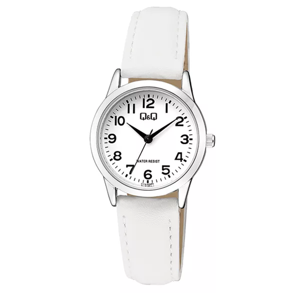 Q&Q női karóra, quartz, ezüst színű fémtok, fehér színű szíj, fehér színű számlap, C11A-020PY