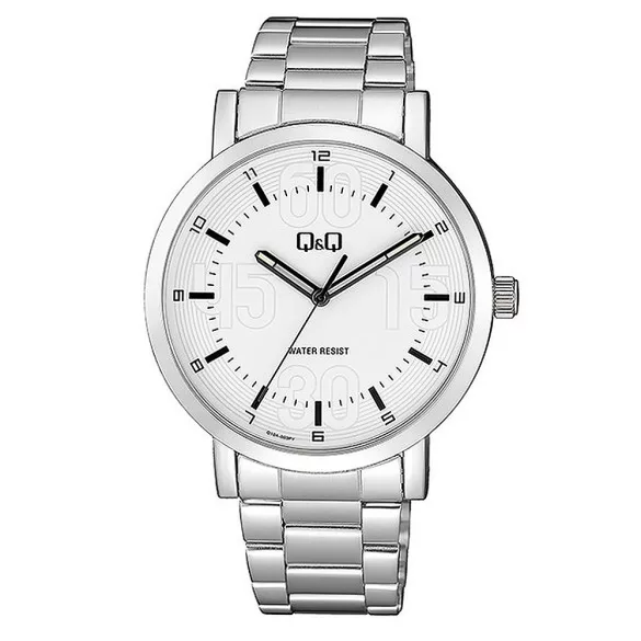 Q&Q férfi karóra, quartz, ezüst színű fémtok, ezüst színű acél karcsat, fehér színű számlap, Q10A-003PY