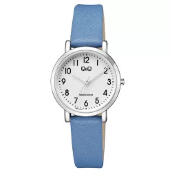   Q&Q női karóra, quartz, ezüst színű fémtok, kék színű bőrszíj, fehér színű számlap, Q58A-001PY