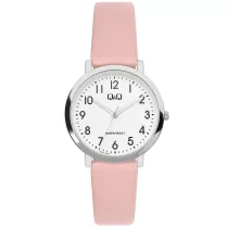   Q&Q női karóra, quartz, ezüst színű fémtok, rózsaszínű szíj, fehér színű számlap, Q58A-003PY