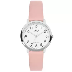   Q&Q női karóra, quartz, ezüst színű fémtok, rózsaszínű szíj, fehér színű számlap, Q58A-003PY