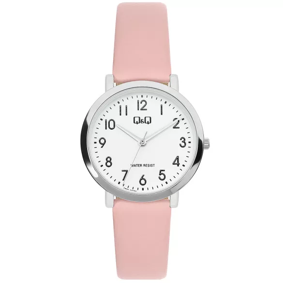 Q&Q női karóra, quartz, ezüst színű fémtok, rózsaszínű szíj, fehér színű számlap, Q58A-003PY