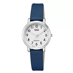   Q&Q női karóra, quartz, ezüst színű fémtok, sötétkék színű szíj, fehér színű számlap, Q58A-009PY