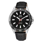   Q&Q férfi karóra, quartz, ezüst színű acél tok, fekete színű bőrszíj, fekete számlap, (Superior) S08A-004PY