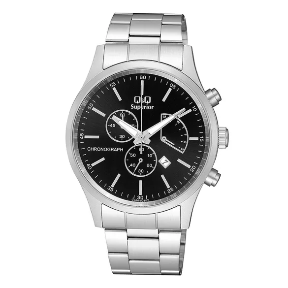 Q&Q férfi karóra, quartz, chronograph, ezüst színű acél tok, fekete színű számlap, ezüst színű acél karcsat, (Superior) C24A-003VY