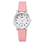   Q&Q női karóra, quartz, ezüst színű fémtok, fehér arab számos számlap, rózsaszínű bőrszíj, Q58A-006PY