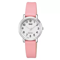   Q&Q női karóra, quartz, ezüst színű fémtok, fehér arab számos számlap, rózsaszínű bőrszíj, Q58A-006PY