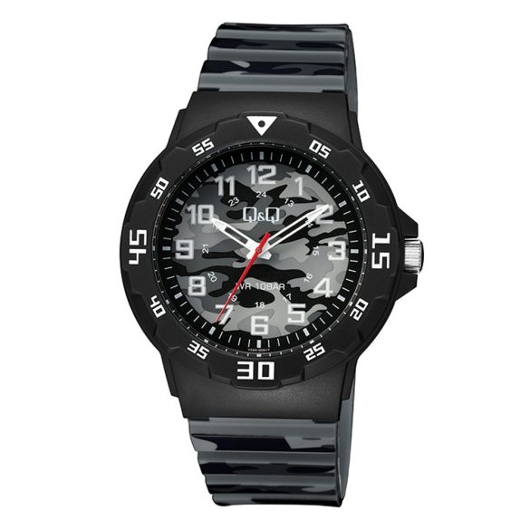 Q&Q férfi karóra, quartz, fekete színű műanyag tok, szürke terep mintás számlap, szürke terep mintás műanyag szíj, V02A-009VY