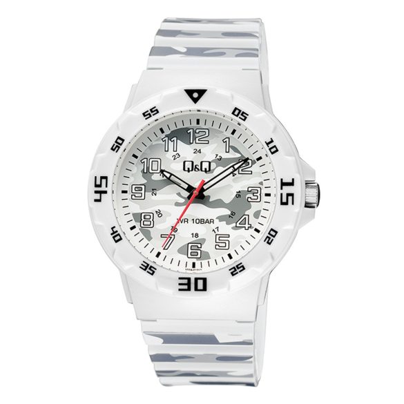 Q&Q férfi karóra, quartz, világosszürke színű műanyag tok, terep mintás számlap, terep mintás műanyag szíj, V02A-012VY