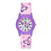 Q&Q gyerek karóra, quartz, lila színű műanyag tok, fehér figurás számlap, rózsaszínű figurás műanyag szíj, V22A-009VY Q&Q gyerek karóra, quartz, lila színű műanyag tok, fehér figurás számlap, rózsaszínű figurás műanyag szíj, V22A-009VY