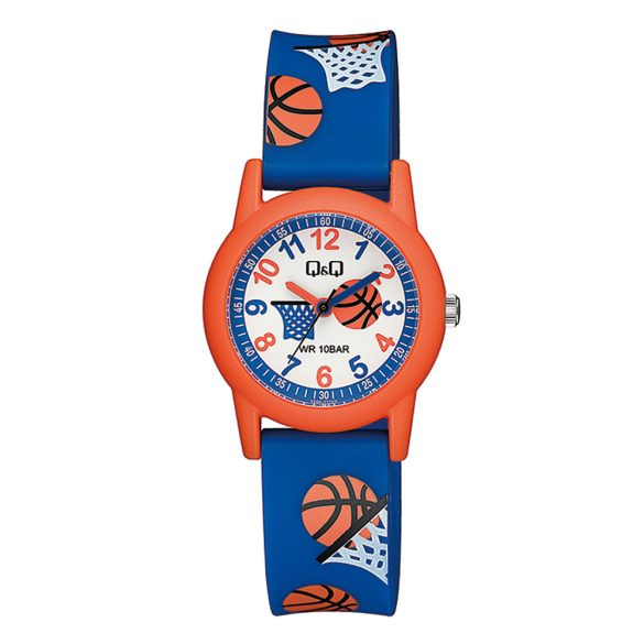 Q&Q gyerek karóra, quartz, narancs színű műanyag tok, fehér figurás számlap, kék színű figurás műanyag szíj, V22A-011VY