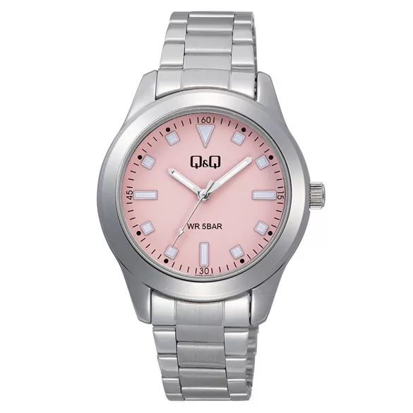 Q&Q női karóra, quartz, ezüst színű fémtok, rózsaszínű számlap, ezüst színű acél karcsat, Q35B-006PY