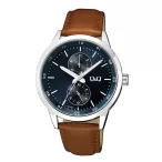   Q&Q férfi karóra, quartz, ezüst színű fém tok, barna színű bőrszíj, kék színű számlap, A11A-001PY