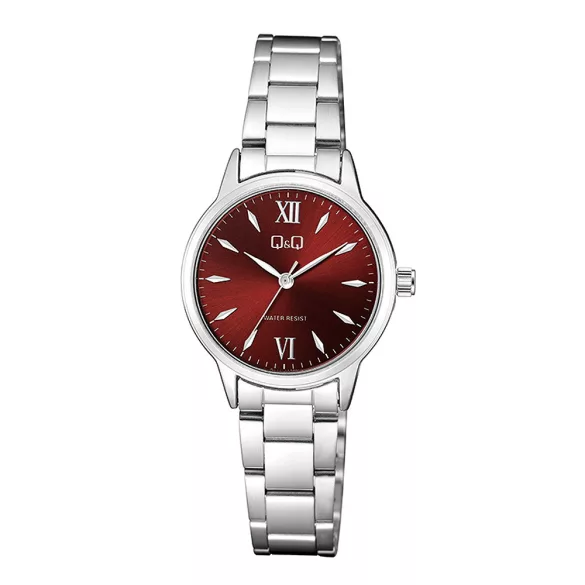 Q&Q női karóra, quartz, ezüst színű fém tok, ezüst színű acél karcsat, bordó színű számlap, Q11A-003PY
