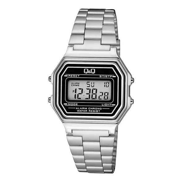 Q&Q férfi digitális karóra, quartz, ezüst színű tok, LCD kijelzés, ezüst színű acél karcsat, G17A-001JY
