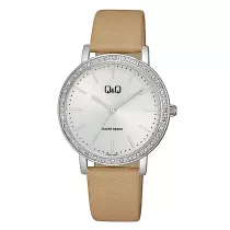   Q&Q női karóra, quartz, ezüst színű fémtok, ezüst színű számlap, barna színű bőrszíj, Q33B-006PY