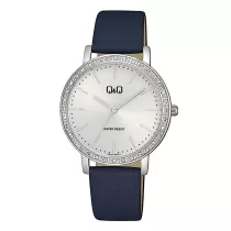   Q&Q női karóra, quartz, ezüst színű fémtok, ezüst színű számlap, kék színű bőrszíj, Q33B-007PY