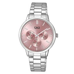   Q&Q női karóra, quartz, ezüst színű fémtok, rózsaszínű számlap, ezüst színű acél karcsat, A04A-002PY