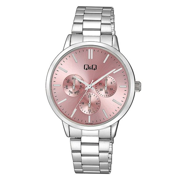 Q&Q női karóra, quartz, ezüst színű fémtok, rózsaszínű számlap, ezüst színű acél karcsat, A04A-002PY