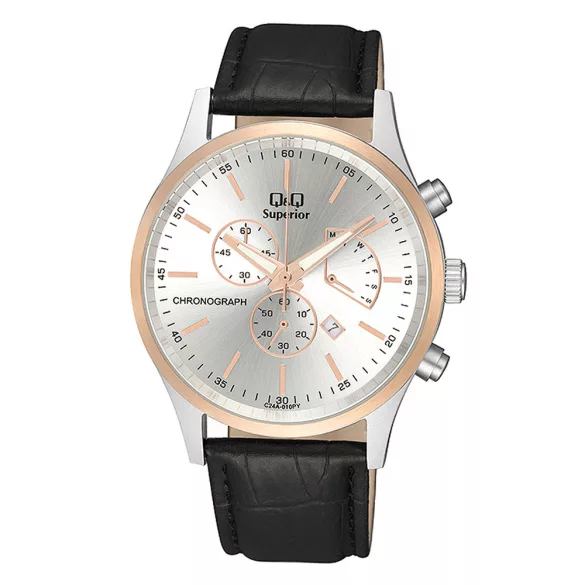 Q&Q férfi karóra, chronograph, quartz, bicolor színű acél tok, ezüst színű számlap, fekete színű bőrszíj, (Superior) C24A-010VY