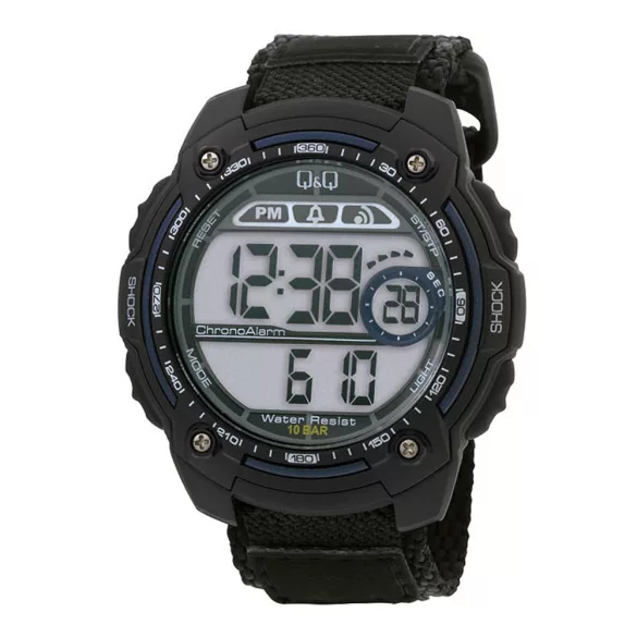 Q&Q férfi karóra, quartz, LCD kijelzés, ezüst színű műanyag tok, fekete színű műanyag szíj, M075J004Y