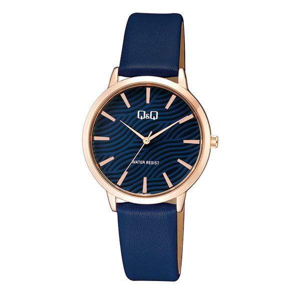 Q&Q női karóra, quartz, rózsaarany színű fémtok, kék színű számlap, kék színű bőrszíj, Q26B-006PY