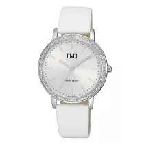   Q&Q női karóra, quartz, ezüst színű fémtok, ezüst színű számlap, fehér színű bőrszíj, Q33B-001PY