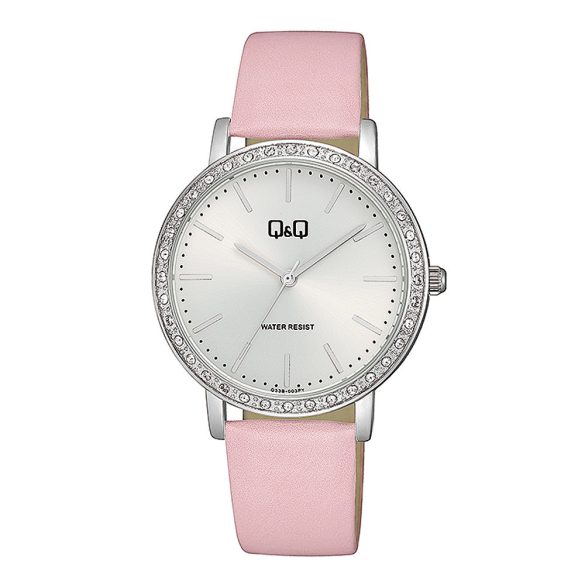 Q&Q női karóra, quartz, ezüst színű fémtok, ezüst színű számlap, rózsaszínű bőrszíj, Q33B-003PY