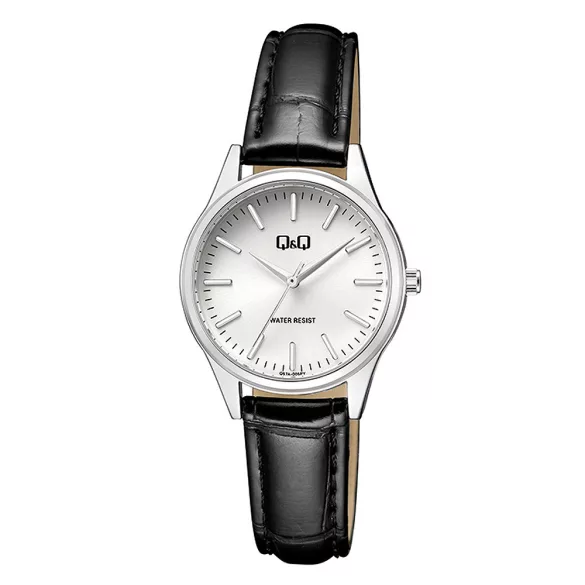 Q&Q női karóra, quartz, ezüst színű fémtok, ezüst színű számlap, fekete színű bőrszíj, Q57A-005PY