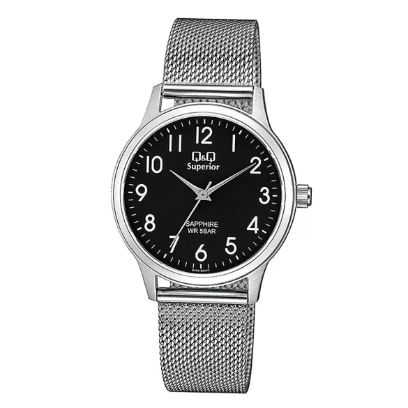 Q&Q női karóra, quartz, ezüst színű acél tok, fekete színű arab számos számlap, ezüst színű acél karcsat, (Superior), zafír üveges, S03A-001VY