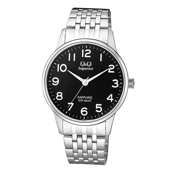 Q&Q férfi karóra, quartz, ezüst színű acél tok, fekete színű arab számos számlap, ezüst színű acél karcsat, (Superior), zafír üveges, S280J215Y