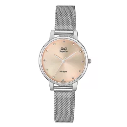   Q&Q női karóra, quartz, ezüst színű acél tok, rózsaszínű számlap, ezüst színű acél karcsat, (Superior), S401J222Y
