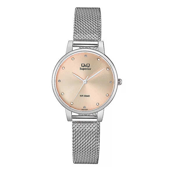 Q&Q női karóra, quartz, ezüst színű acél tok, rózsaszínű számlap, ezüst színű acél karcsat, (Superior), S401J222Y