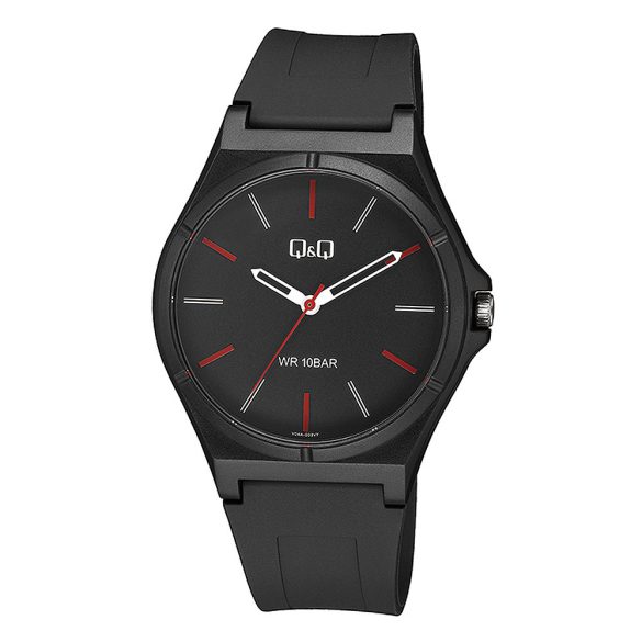 Q&Q férfi karóra, quartz, fekete színű műanyag tok, fekete színű számlap, fekete színű műanyag szíj, V04A-003VY