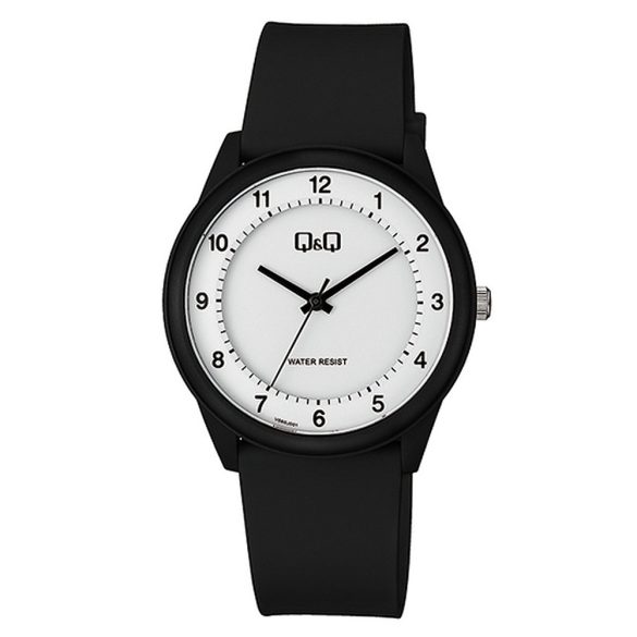Q&Q férfi karóra, quartz, fekete színű műanyag tok, fehér színű számlap, fekete színű műanyag szíj, VS60J001Y