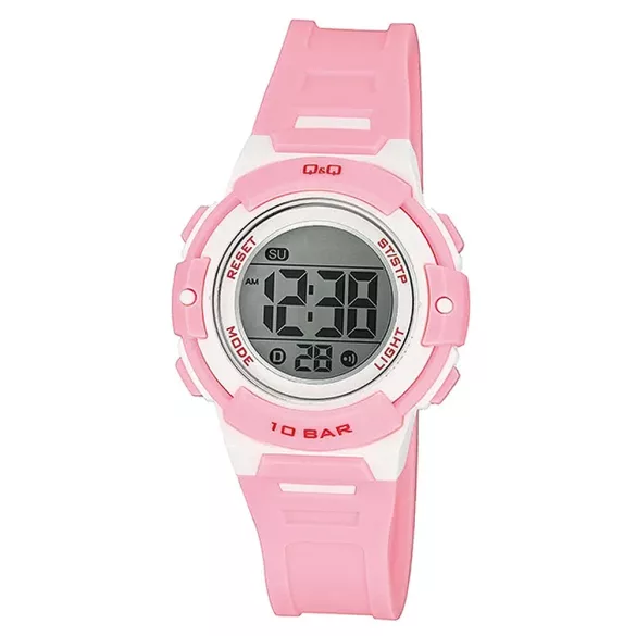 Q&Q női karóra, quartz, digitális, LCD kijelzés, rózsaszínű / fehér műanyag tok, rózsaszínű műanyag szíj, M185J004Y