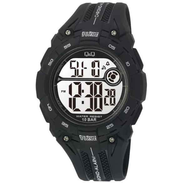 Q&Q unisex sportos karóra, digitális kijelzés, fekete műanyag szíj és tok