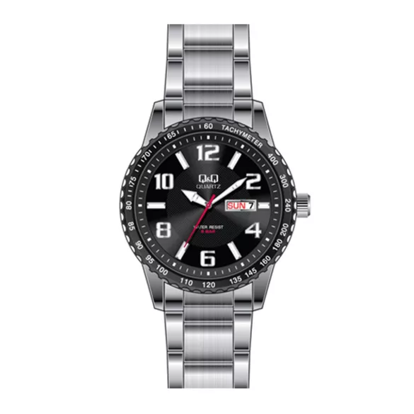Ceas bărbătesc Q&Q, mecanism quartz, carcasă și brățară argintie, cadran negru, A194J800Y