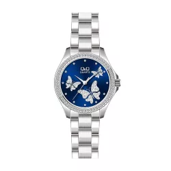   Ceas de damă Q&Q, mecanism quartz, carcasă și brățară argintie, cadran albastru, C224J803Y