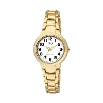   Ceas de damă Q&Q, mecanism quartz, carcasă și brățară aurie, cadran alb, F499J803Y